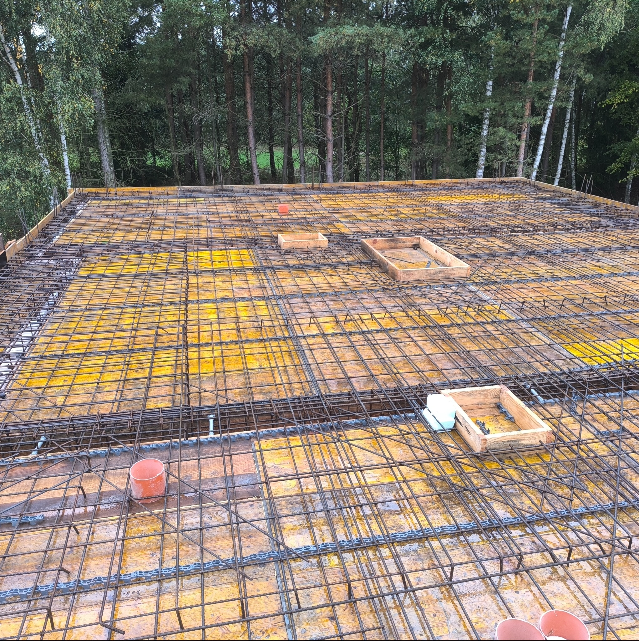 Zbrojenie stropu na żółtym deskowaniu, widok z góry na siatkę z prętów stalowych, drewniane elementy szalunku i las w tle. Etap budowy.