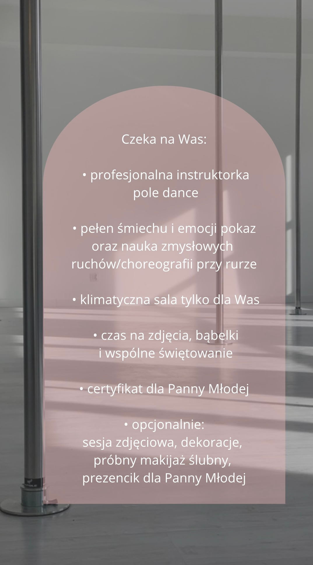 Pole dance: profesjonalna instruktorka, nauka zmysłowych ruchów, klimatyczna sala, sesja zdjęciowa i certyfikat dla Panny Młodej. Idealne na wieczór panieński.