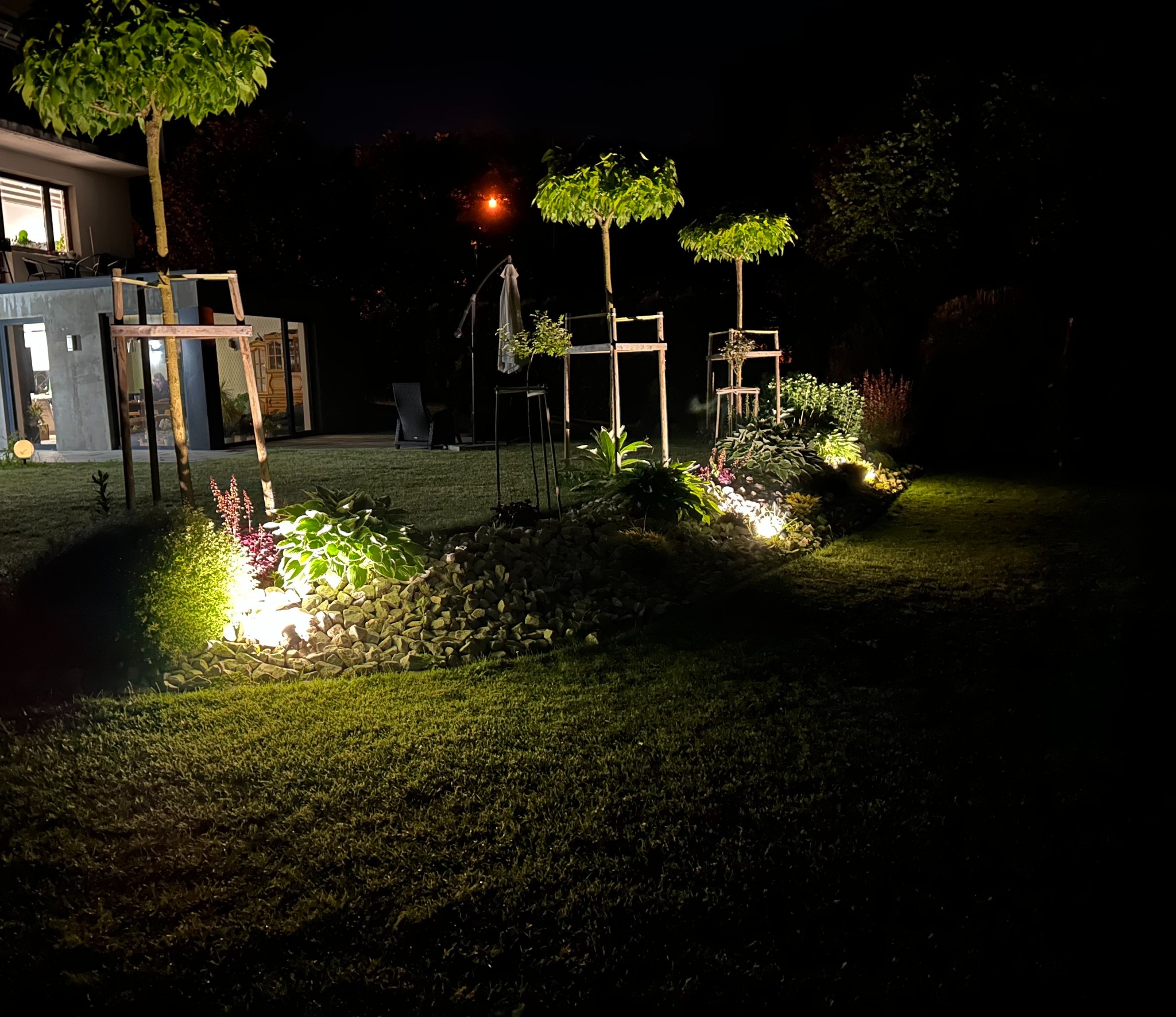 Nocny widok na oświetlony ogród z drzewami formowanymi, kamieniami i rabatami kwiatowymi. Oświetlenie punktowe podkreśla detale ogrodu.