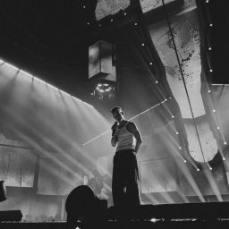 BARTŁOMIEJ SZOPA SHORE STUDIO - Czarno-białe zdjęcie piosenkarza na scenie podczas koncertu, oświetlonego reflektorami. W tle dekoracje i elementy scenografii.