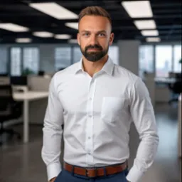 Portret mężczyzny w białej koszuli i niebieskich spodniach, z brodą i krótkimi włosami, na tle biura z widokiem na miasto, oświetlonego światłem dziennym.