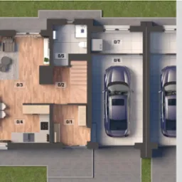 Rzut z góry parteru domu z garażem, salonem, kuchnią, łazienką i kotłownią. Widoczne meble i wyposażenie. Zestawienie powierzchni pomieszczeń po prawej.