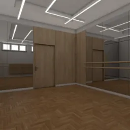 Wnętrze sali tanecznej z lustrami i drewnianą podłogą w jodełkę. Widok na ścianę z drewnianymi panelami i drzwi. Projekt z Kamieńska.