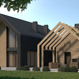 ARCHITEKA TOBIASZ KOCH - Wizualizacja nowoczesnego domu z dwuspadowym dachem, drewnianą elewacją i pergolą porośniętą bluszczem. Uwagę zwraca połączenie drewna i cegły.
