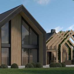 ARCHITEKA TOBIASZ KOCH - Wizualizacja nowoczesnego domu z drewnianą elewacją i pergolą porośniętą zielenią, na tle błękitnego nieba. Minimalistyczny design z dużymi przeszkleniami.