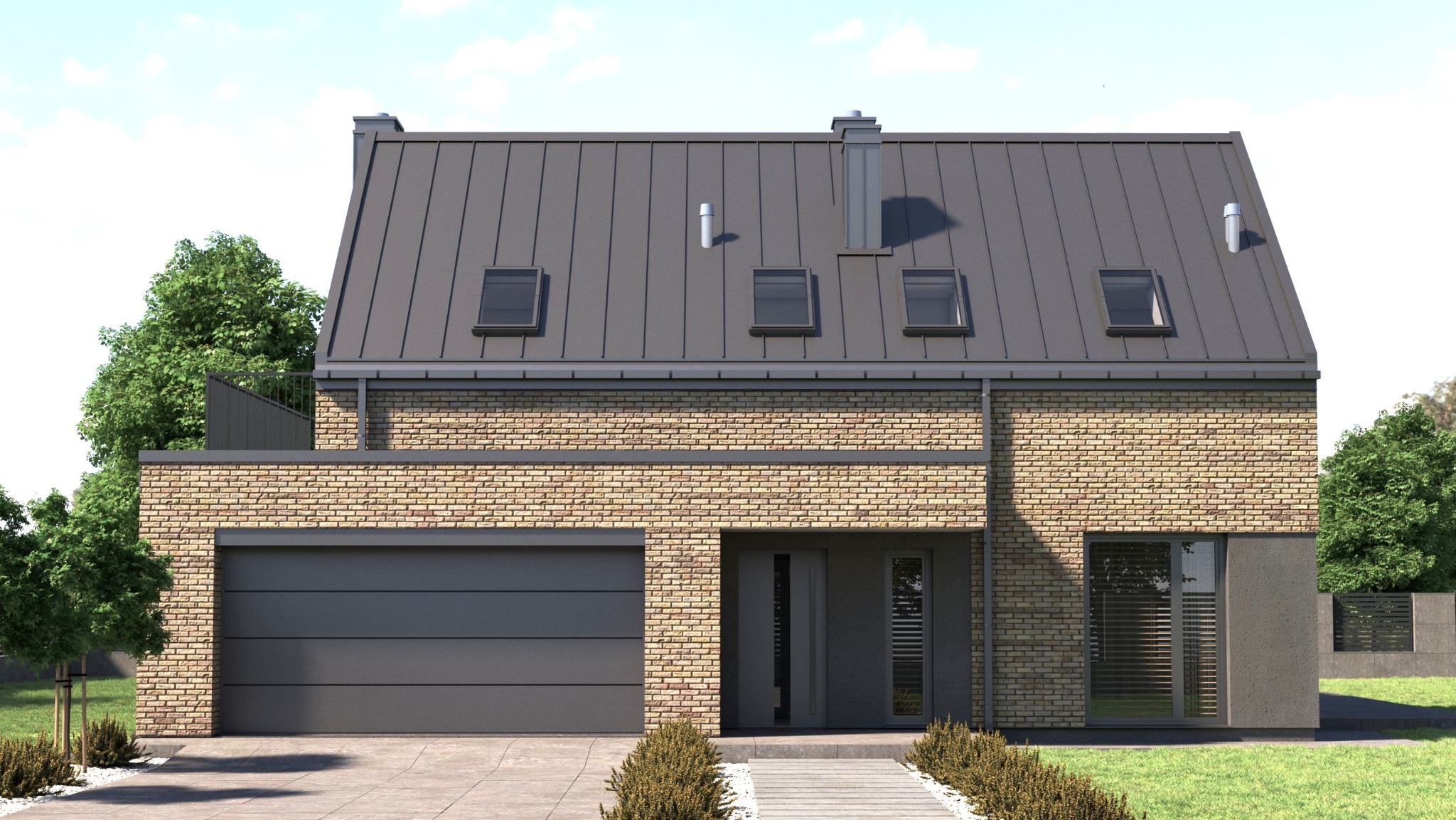 Wizualizacja domu jednorodzinnego z ceglaną elewacją, grafitowym dachem z lukarnami i garażem. Nowoczesna architektura w otoczeniu zieleni.
