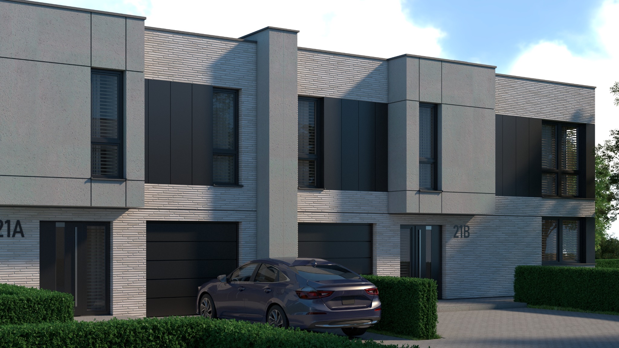 Nowoczesna elewacja bliźniaka z szarej cegły i panelami, z garażami i autem. Minimalistyczny design, zielony żywopłot, numery domów 21A i 21B.