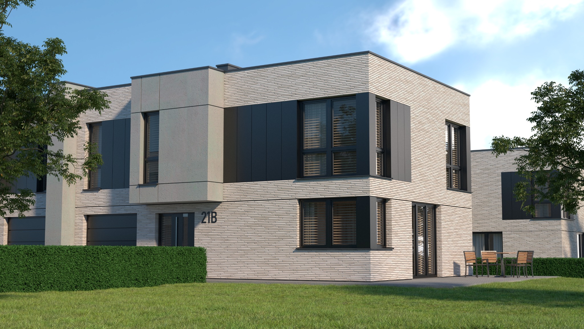 Nowoczesny budynek mieszkalny z elewacją z jasnej cegły, ciemnymi panelami i numerem 21B, otoczony zielenią. Widoczne drzewa i zestaw mebli ogrodowych.