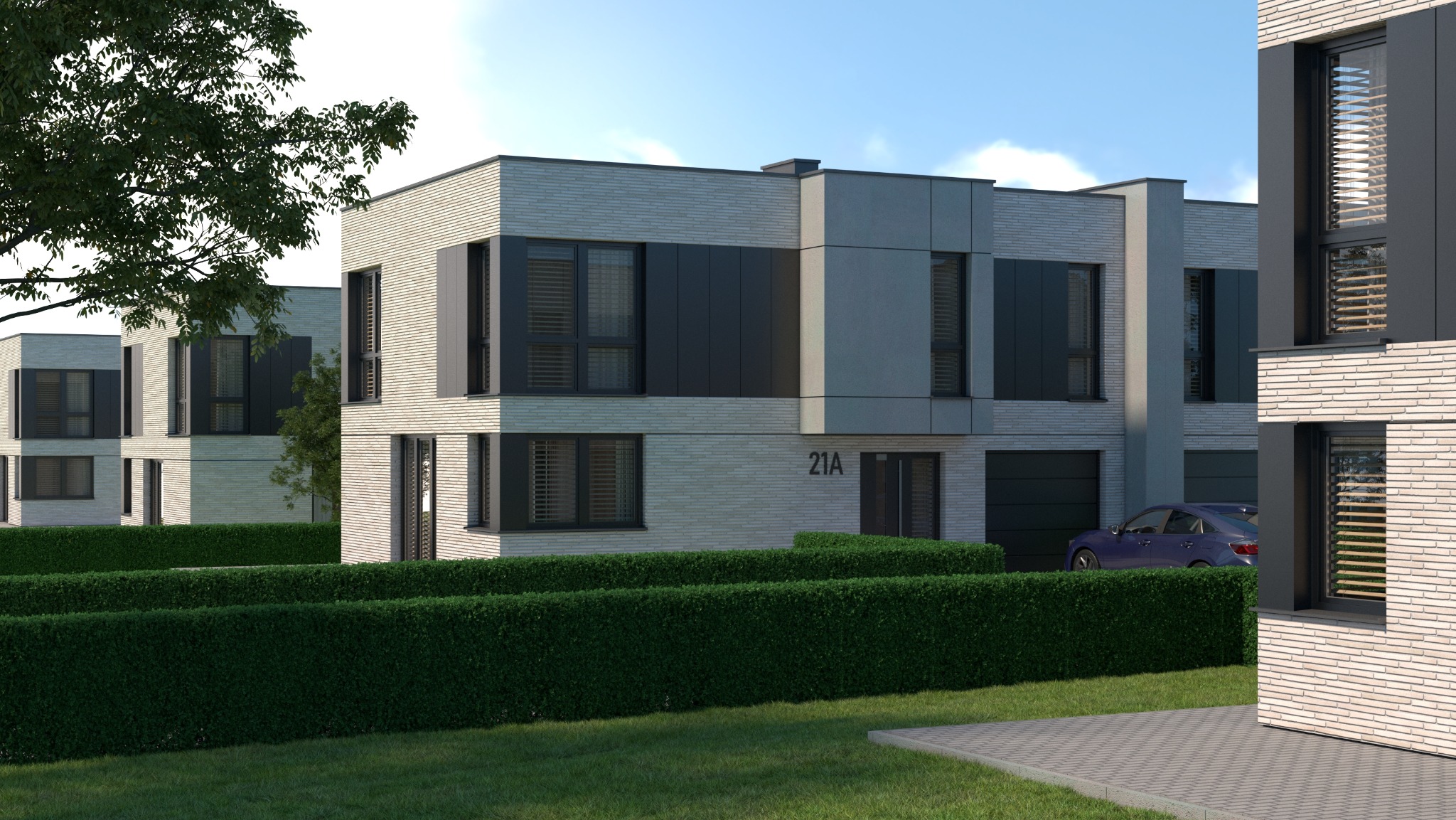 Wizualizacja szeregu nowoczesnych domów z płaskimi dachami i elewacją z jasnej cegły. W tle błękitne niebo. Przed domami zadbany, zielony trawnik i niski żywopłot.