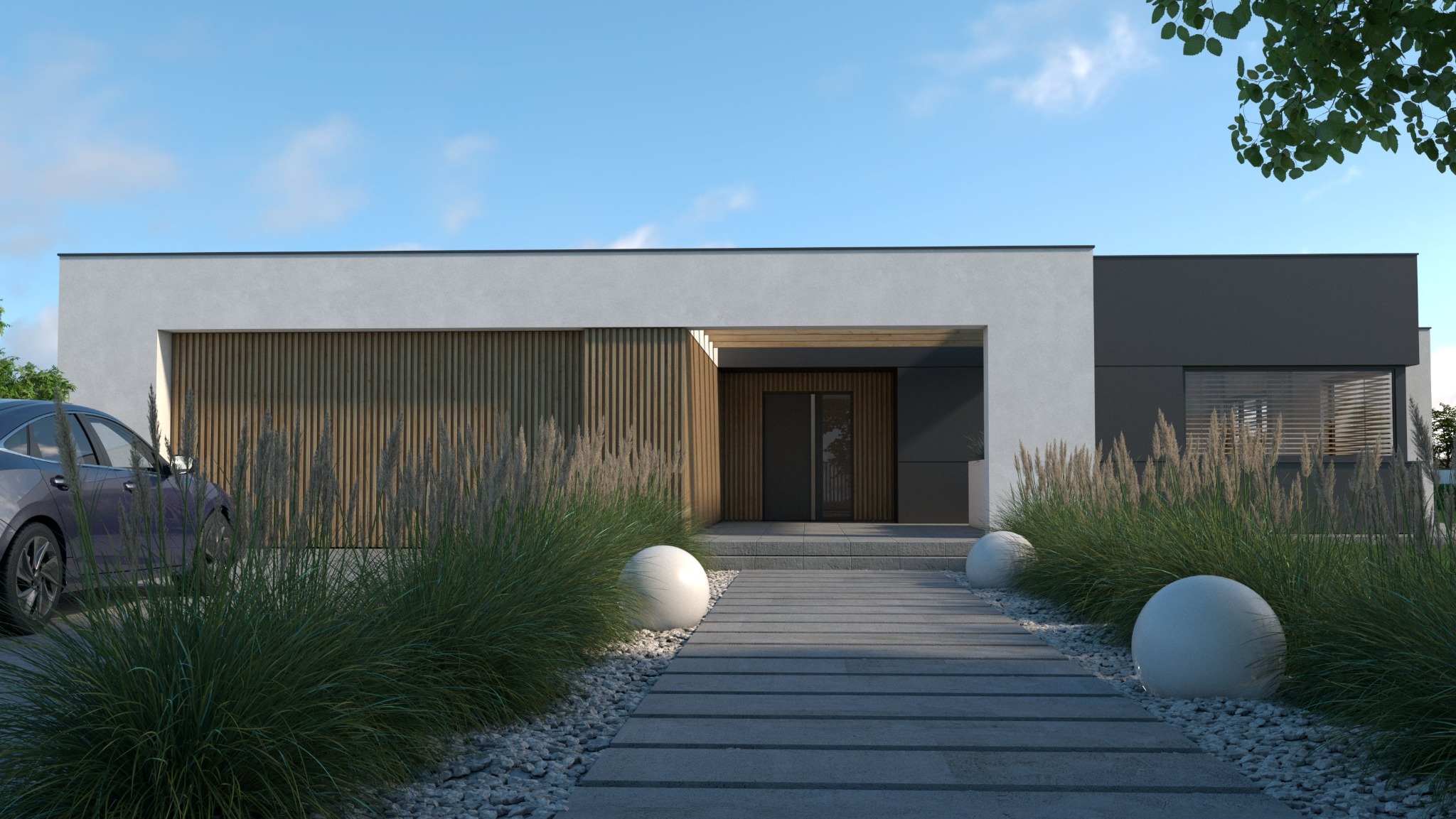 Nowoczesny dom jednorodzinny z elementami drewna, szarej elewacji i minimalistycznym ogrodem. Widoczny fragment auta i ścieżka z płyt.