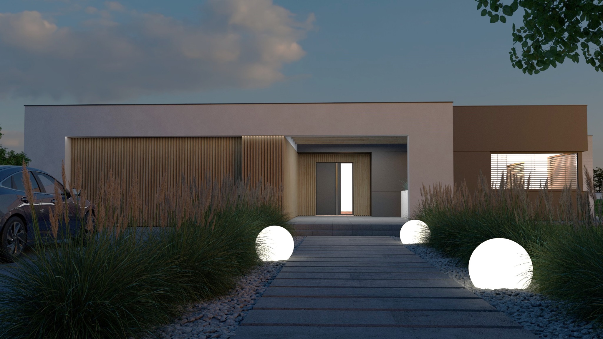 Nowoczesny dom jednorodzinny oświetlony kulistymi lampami wzdłuż ścieżki, z elementami drewnianej elewacji i minimalistycznym designem, widok wieczorny.