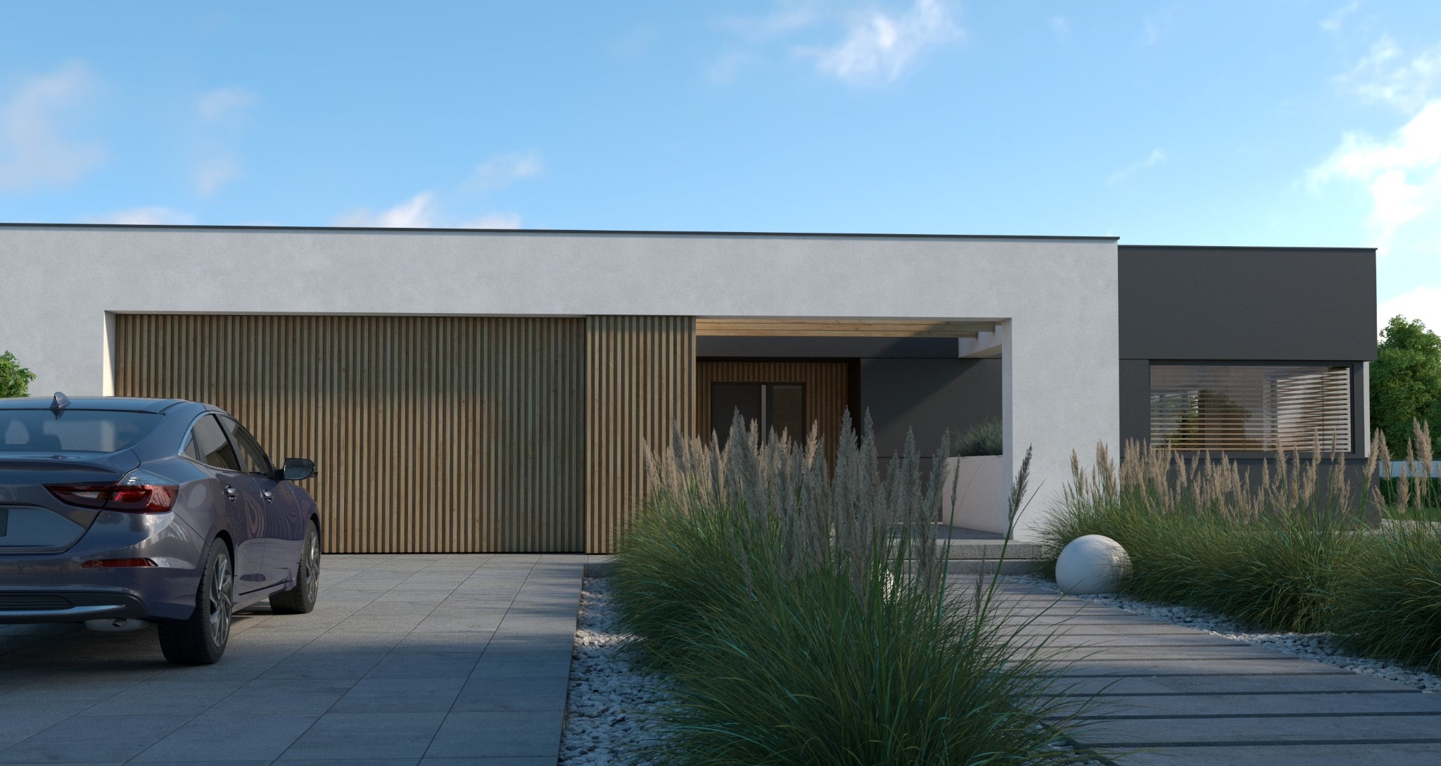 Nowoczesny dom z płaskim dachem i drewnianą bramą garażową. Szara elewacja, ozdobne trawy i ścieżka z płyt betonowych. Ciemny samochód zaparkowany przed budynkiem.