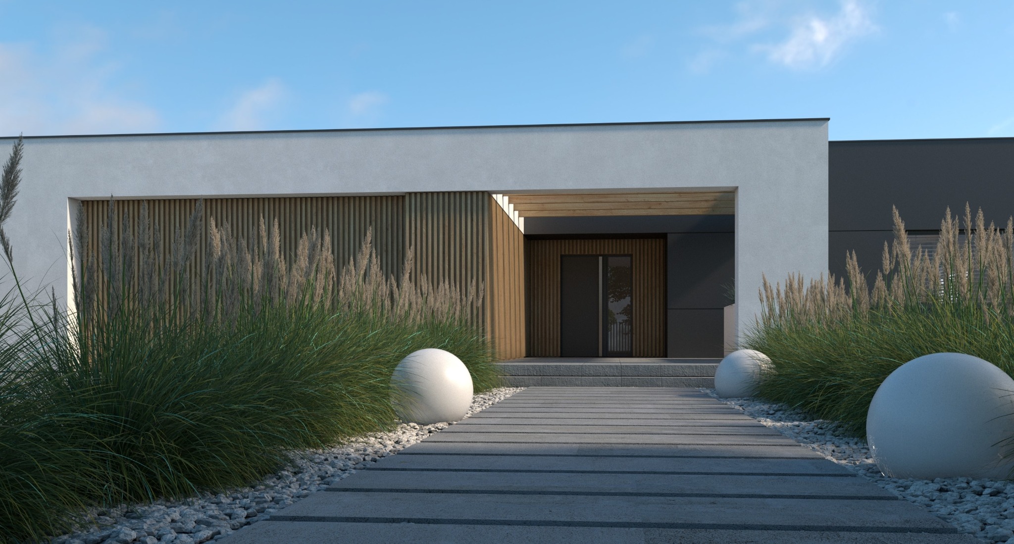 Nowoczesny dom z drewnianą elewacją, ozdobnymi trawami i kulami. Betonowa ścieżka prowadzi do wejścia. Minimalistyczny design, jasne kolory i oświetlenie.