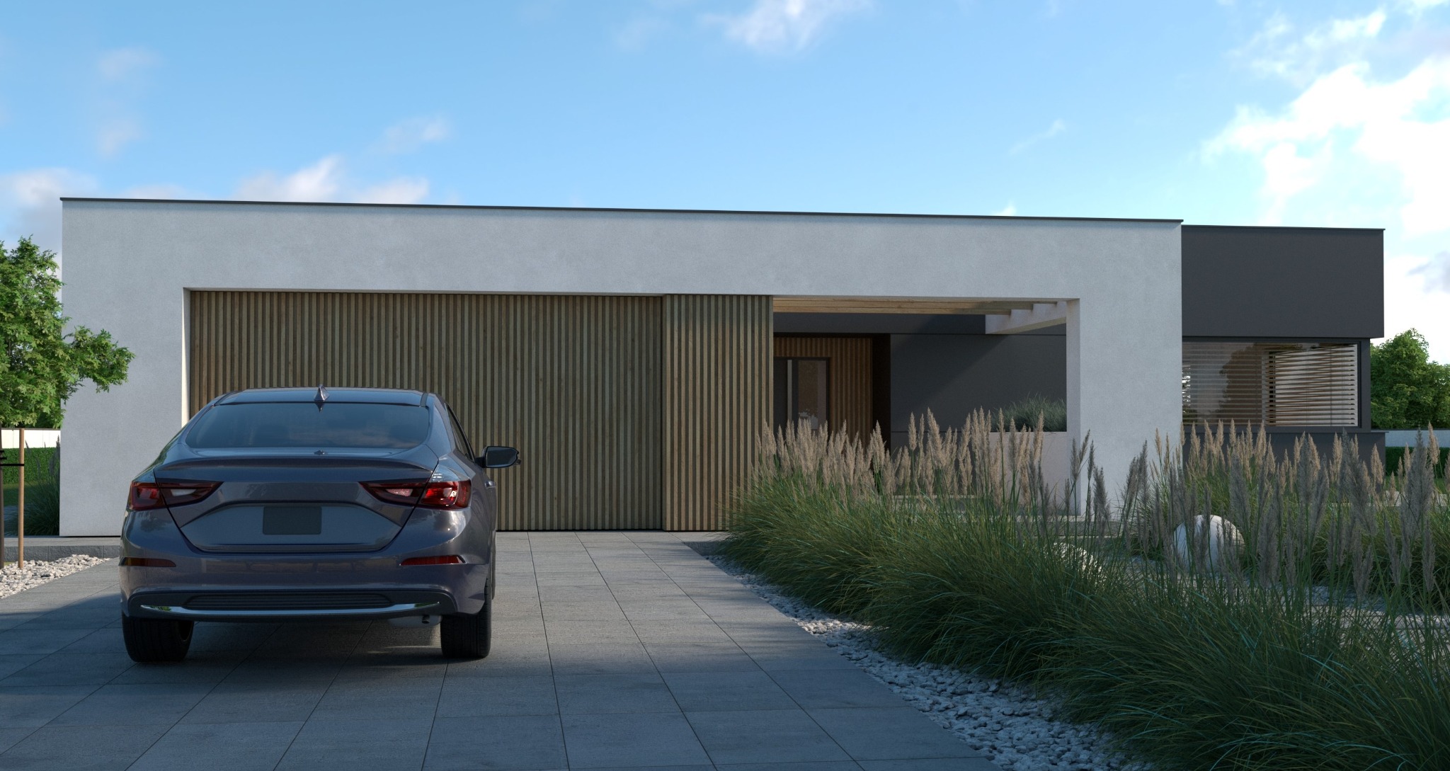 Nowoczesny dom jednorodzinny z płaskim dachem, drewnianą bramą garażową i ozdobną trawą na tle błękitnego nieba. Na podjeździe stoi szary samochód.