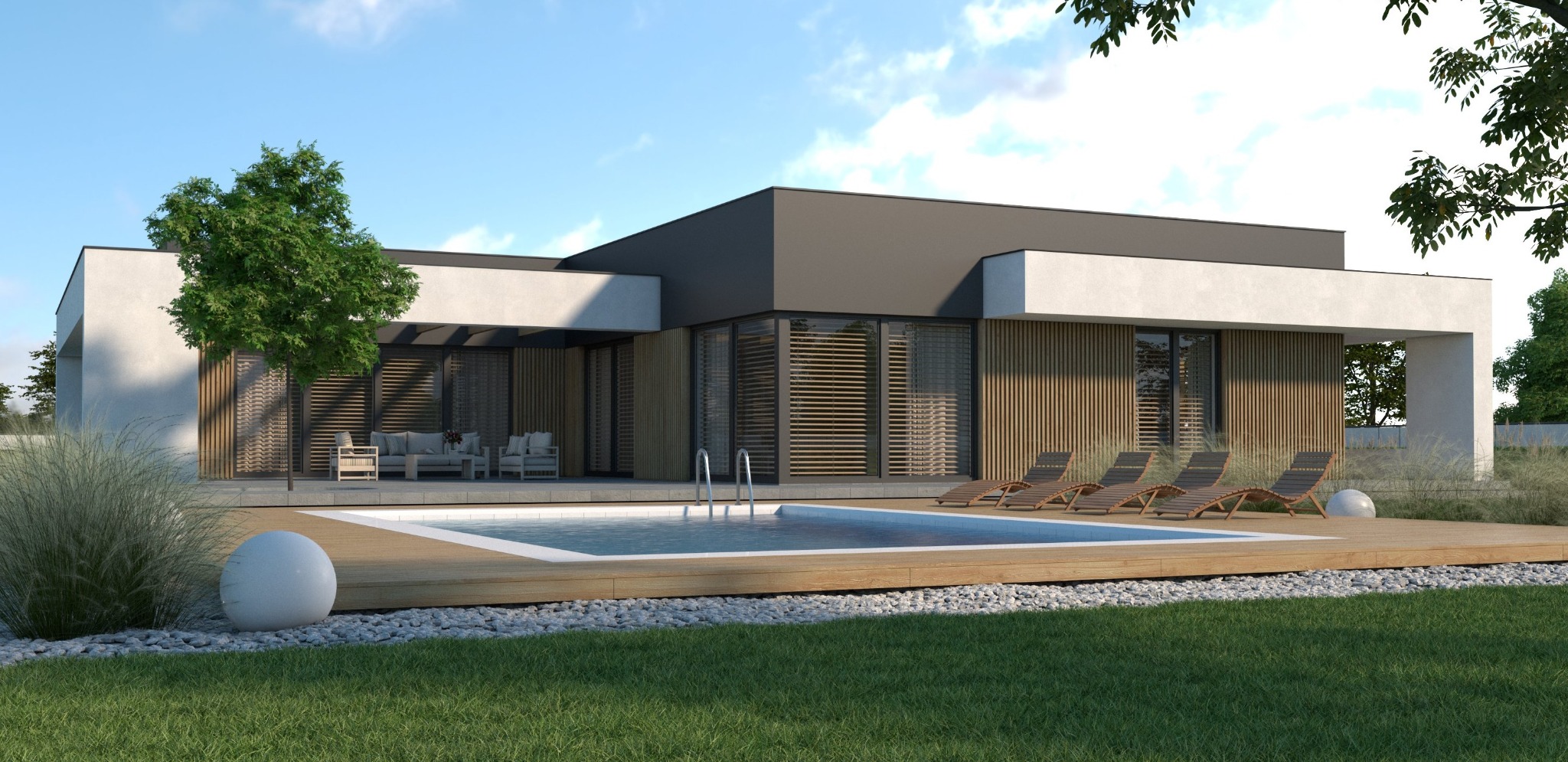 Nowoczesny dom jednorodzinny z basenem, drewnianym tarasem i minimalistycznym ogrodem. Widoczne leżaki i meble ogrodowe. Dom w stylu skandynawskim.