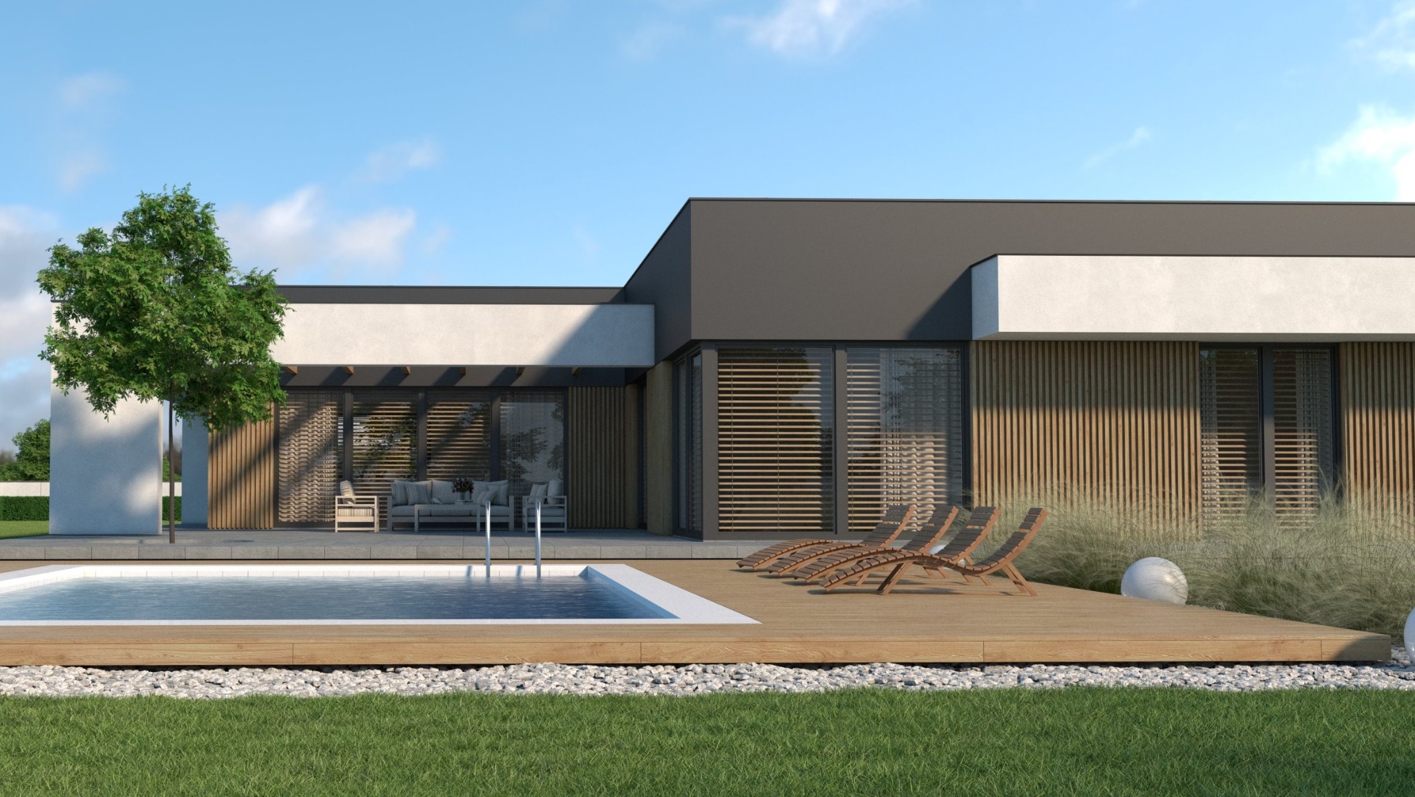 Nowoczesny dom z basenem, drewnianym tarasem i leżakami. Elewacja z drewnianymi panelami i dużymi oknami z żaluzjami. Minimalistyczny design w otoczeniu zieleni.