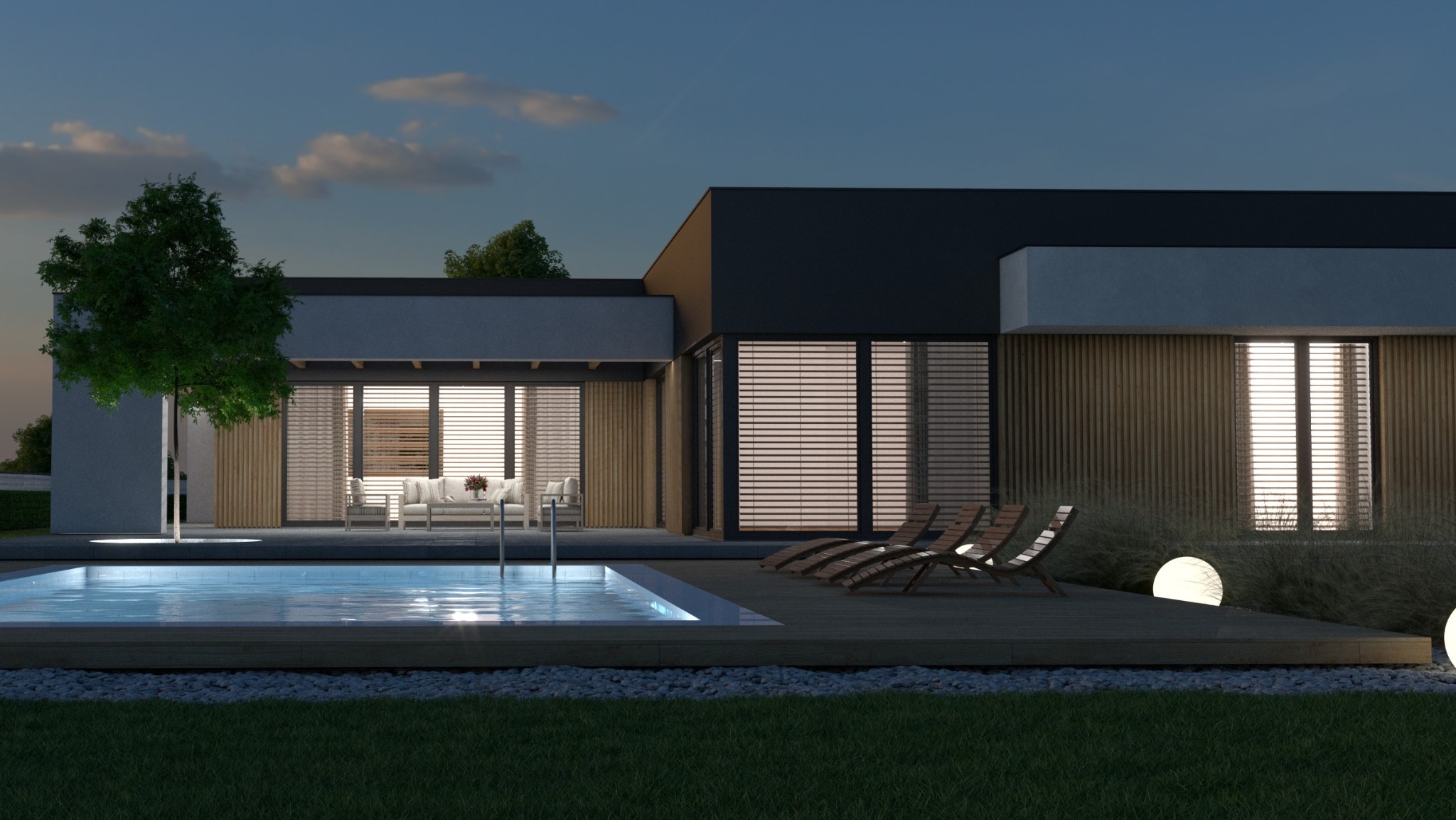 Nowoczesny dom z basenem oświetlonym nocą. Minimalistyczna architektura, drewniane elementy elewacji i leżaki przy basenie tworzą relaksującą atmosferę.