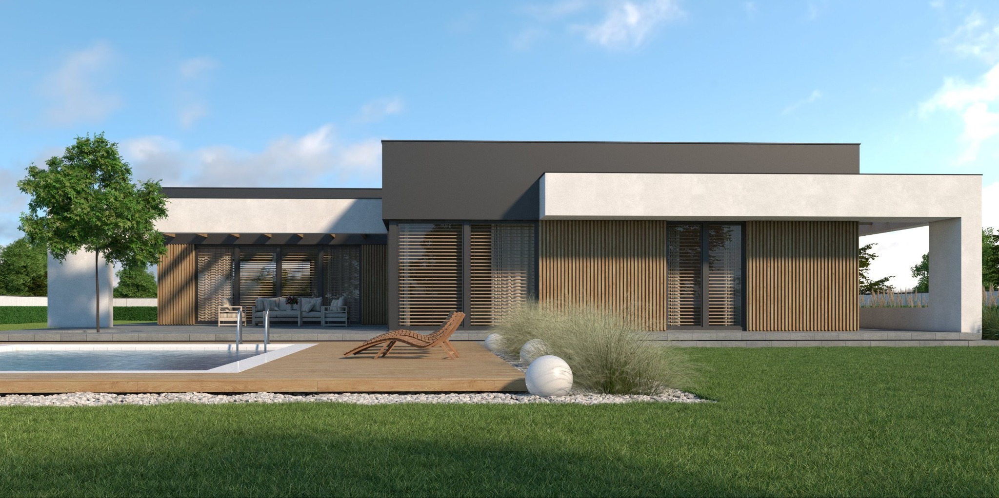Nowoczesny dom jednorodzinny z płaskim dachem, drewnianą elewacją i basenem. Leżak na drewnianym podeście. Minimalistyczny ogród z ozdobnymi kulami i trawami.
