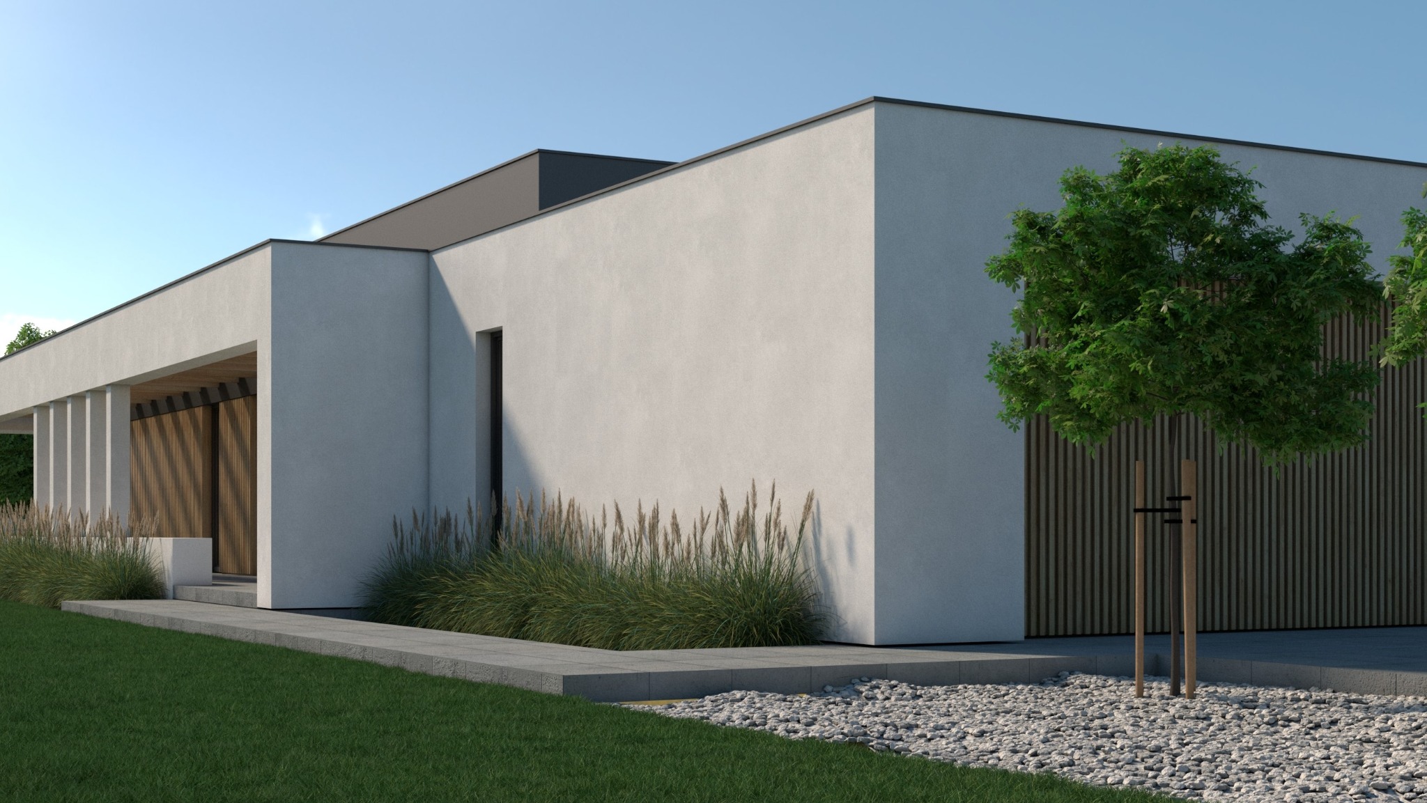 Wizualizacja nowoczesnego domu jednorodzinnego z płaskim dachem, wykończonego białą elewacją i drewnianymi panelami. Minimalistyczny design z zielenią wokół.