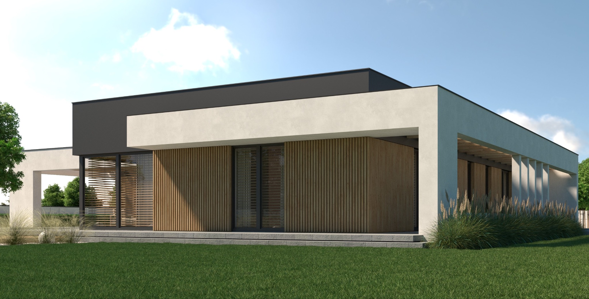Nowoczesny parterowy dom z płaskim dachem, wykończony drewnianą elewacją i dużymi przeszkleniami, otoczony zielonym trawnikiem i roślinnością ozdobną.