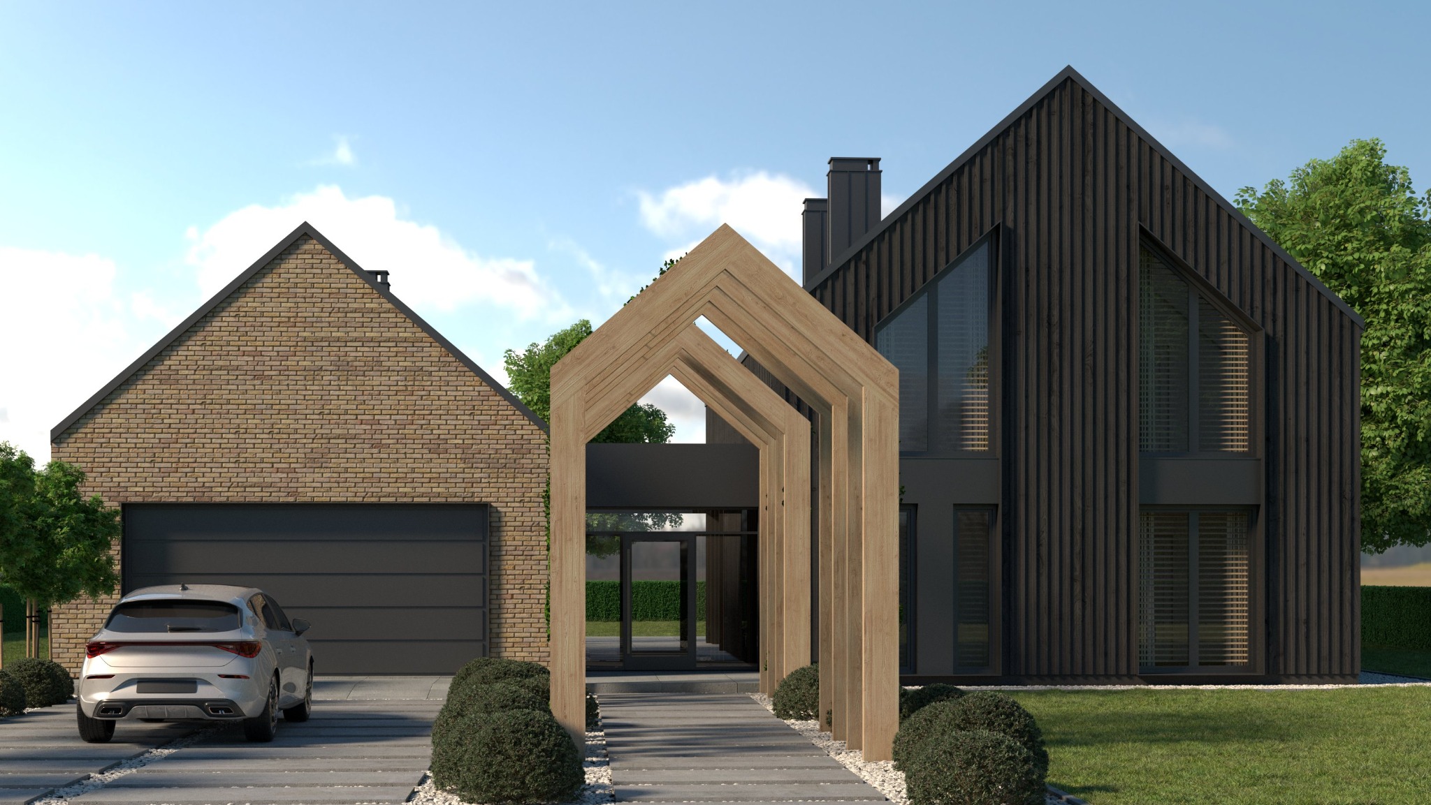 Wizualizacja nowoczesnego domu z garażem i drewnianą konstrukcją wejściową. Elewacja z ciemnego drewna i cegły, szara brama garażowa, auto na podjeździe.