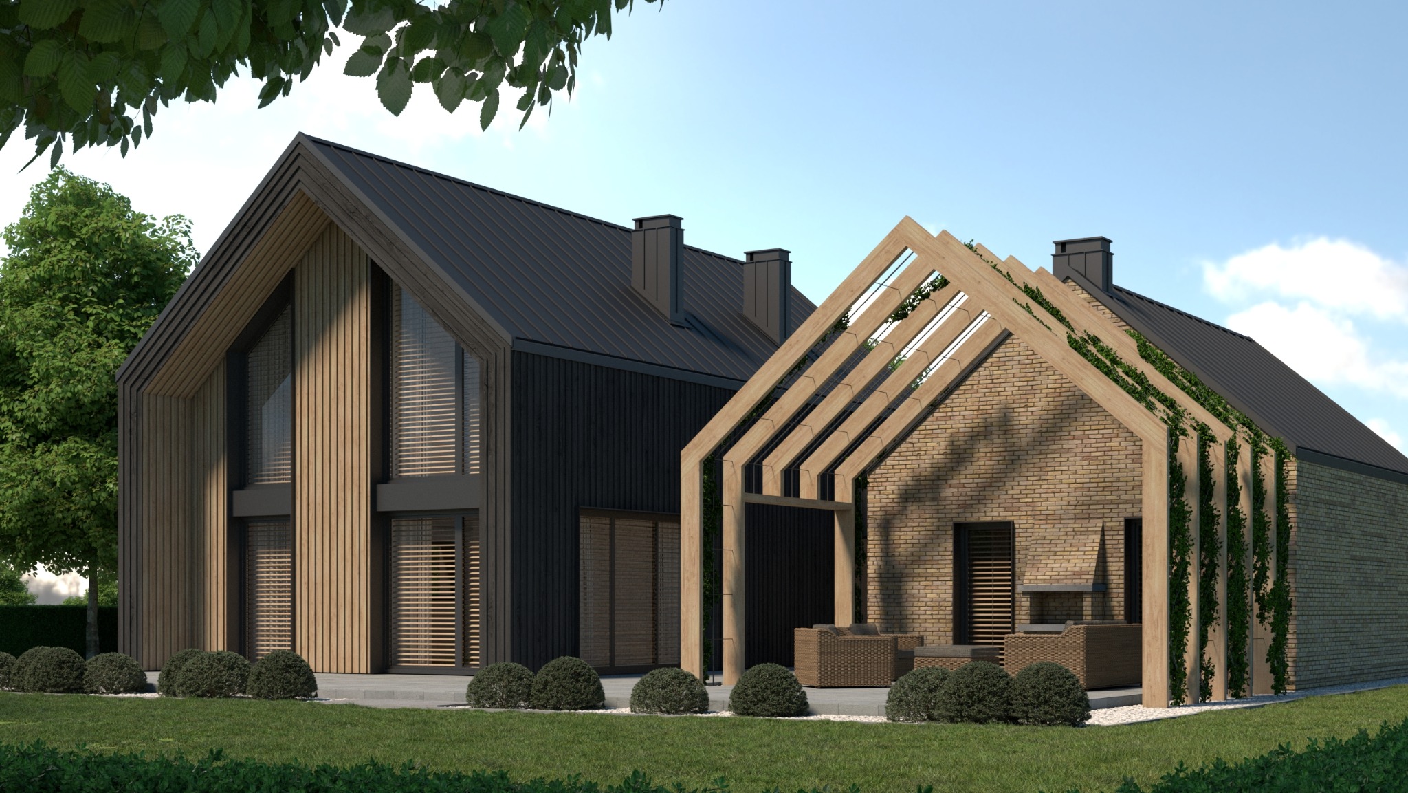 Wizualizacja nowoczesnego domu z dwuspadowym dachem, drewnianą elewacją i pergolą porośniętą bluszczem. Uwagę zwraca połączenie drewna i cegły.