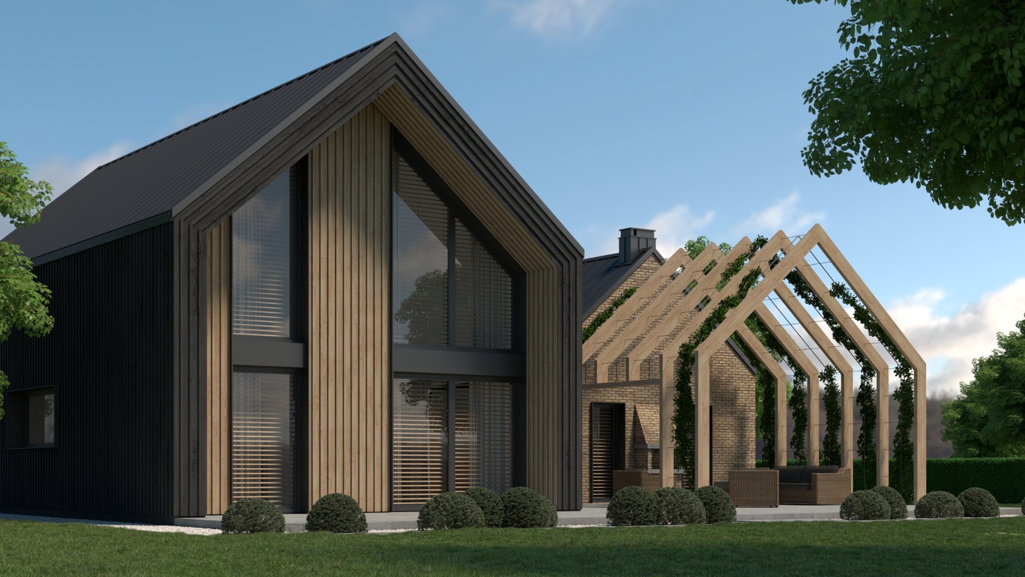 Wizualizacja nowoczesnego domu z drewnianą elewacją i pergolą porośniętą zielenią, na tle błękitnego nieba. Minimalistyczny design z dużymi przeszkleniami.