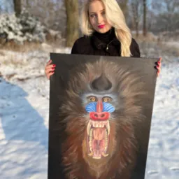 Blondynka prezentuje obraz olejny mandryla na tle zimowego krajobrazu. Intensywne kolory malowidła kontrastują z bielą śniegu. Widoczny podpis artysty w prawym dolnym rogu.