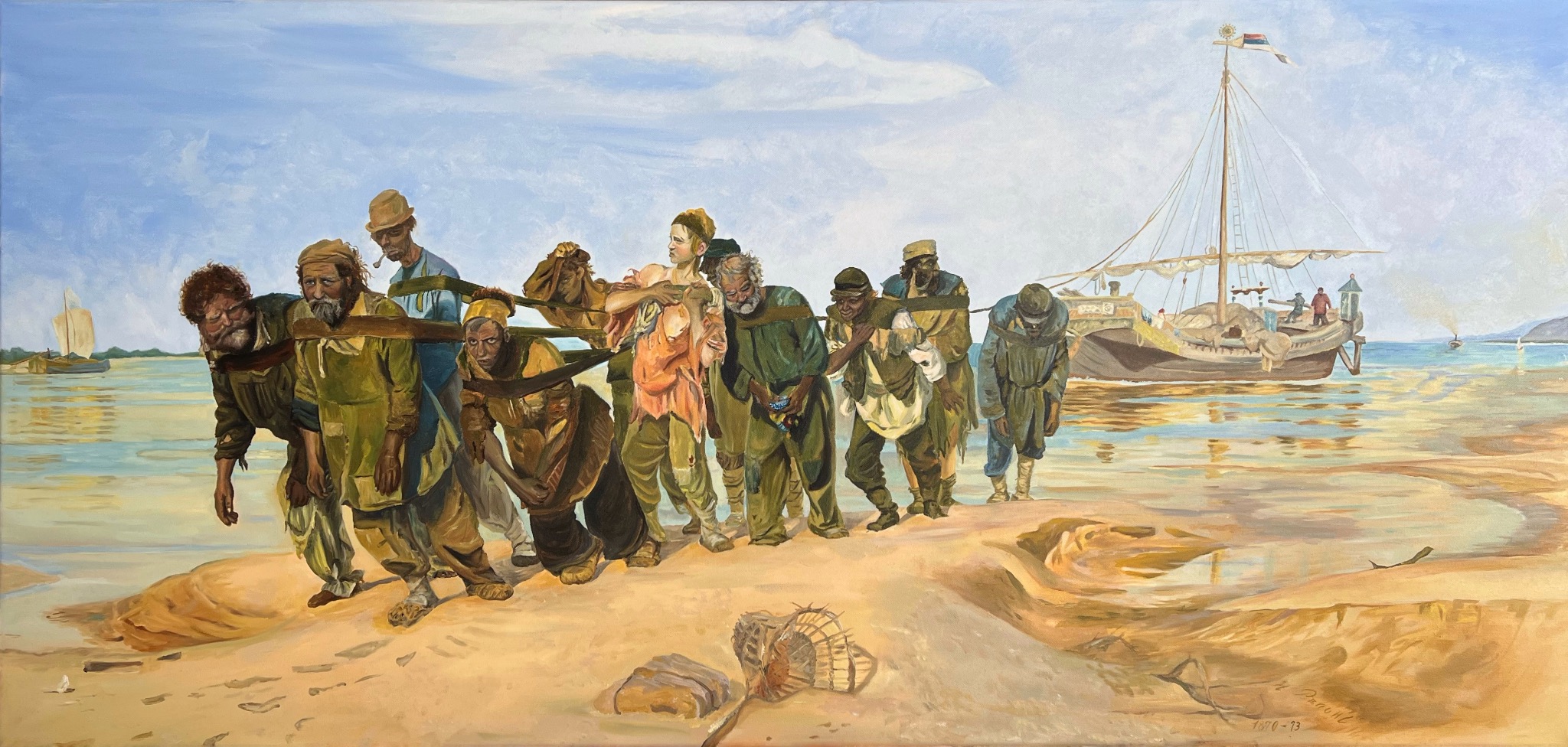 Obraz olejny: grupa ludzi ciągnących łódź na plaży, w tle morze i niebo. Sygnowany w prawym dolnym rogu. Dominują barwy ziemi i błękit.