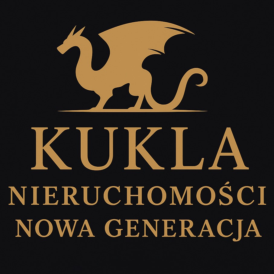 Eleganckie logo firmy KUKLA Nieruchomości Nowa Generacja w kolorze złotym na czarnym tle, z symbolem smoka.