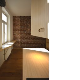 Witold Szostak - Szostak Atelier - Jasna kuchnia z drewnianym blatem i szafkami, ceglana ściana w tle. Parapet drewniany pod oknem. Minimalistyczny design, ciepłe oświetlenie.