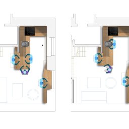 Witold Szostak - Szostak Atelier - Rzut z góry: Plan kuchni z drewnianym blatem i sprzętem AGD. Układ pomieszczenia z meblami i rozmieszczeniem osób, prezentowany w dwóch wariantach aranżacyjnych.