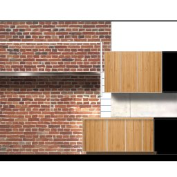 Witold Szostak - Szostak Atelier - Wizualizacja kuchni z drewnianymi frontami szafek i ceglaną ścianą w tle. Minimalistyczny design, nowoczesne połączenie materiałów i faktur, wyraźna geometria.