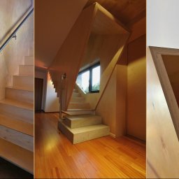 SZOSTAK atelier - Nowoczesne schody z jasnego drewna z metalową balustradą, z geometryczną konstrukcją wokół okna, prowadzące na piętro, z drewnianą podłogą.