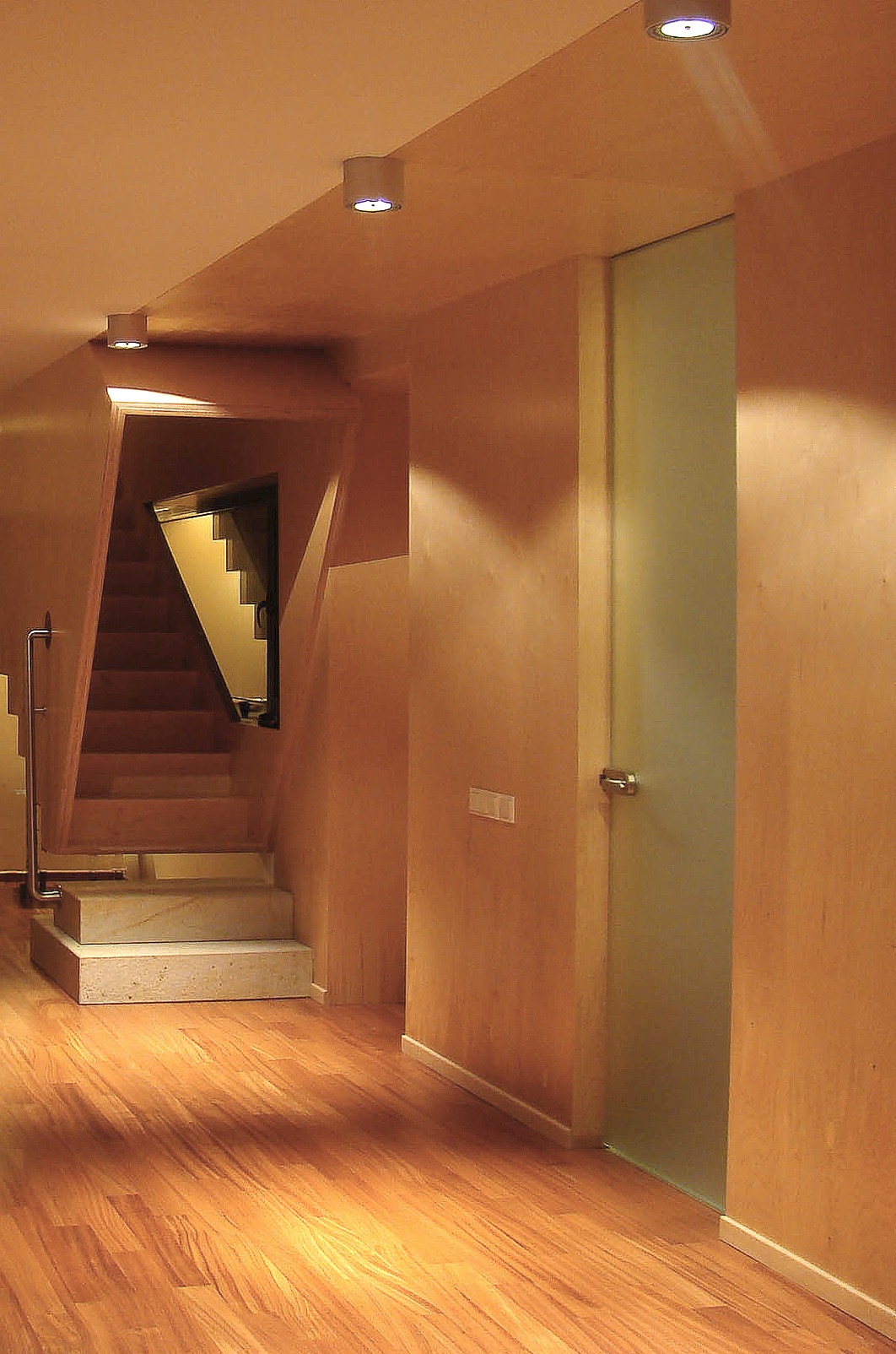 Nowoczesne wnętrze z drewnianą podłogą i schodami. Szklane drzwi i minimalistyczne oświetlenie punktowe podkreślają unikalny design korytarza.