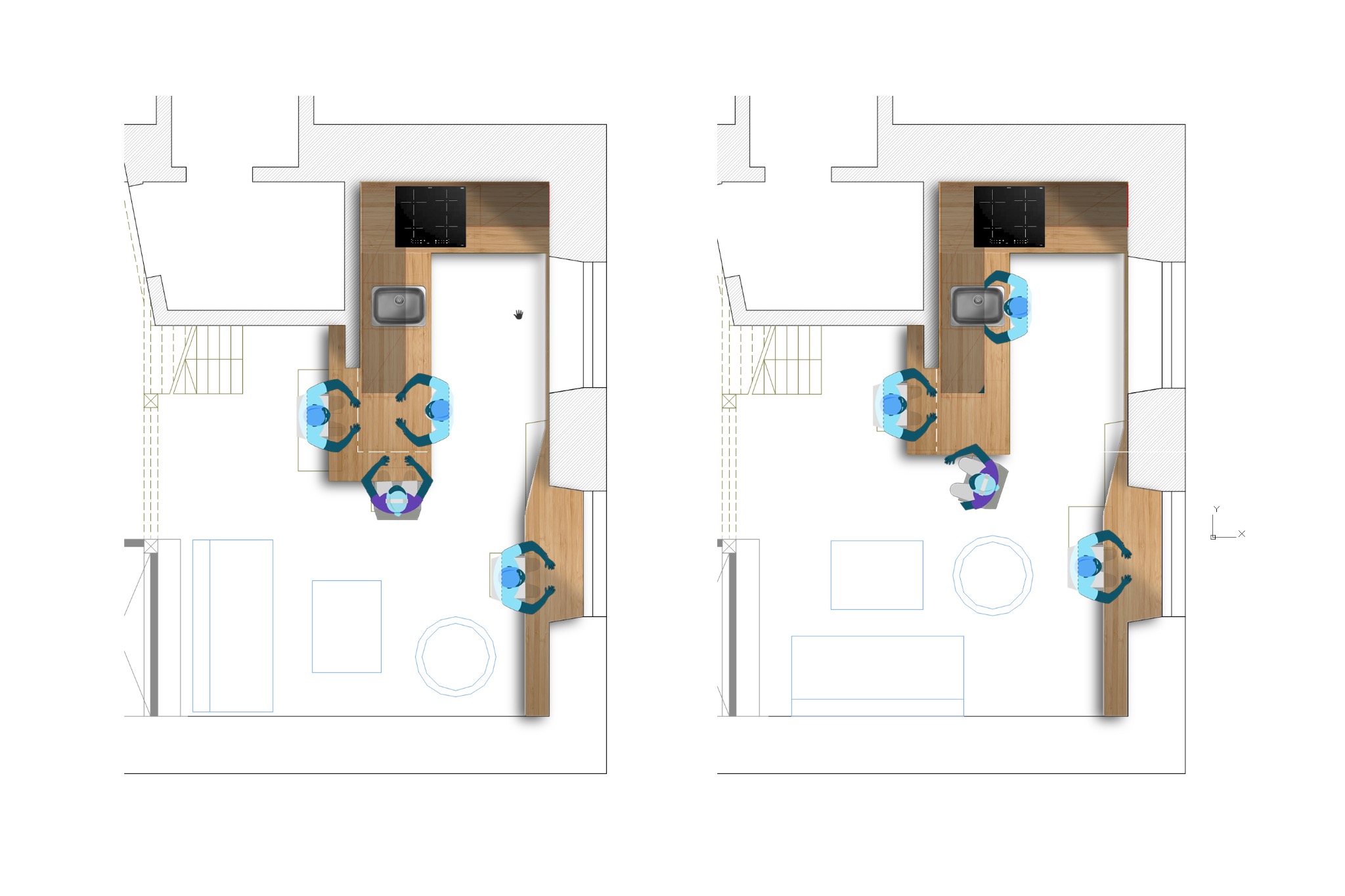 Rzut z góry: Plan kuchni z drewnianym blatem i sprzętem AGD. Układ pomieszczenia z meblami i rozmieszczeniem osób, prezentowany w dwóch wariantach aranżacyjnych.
