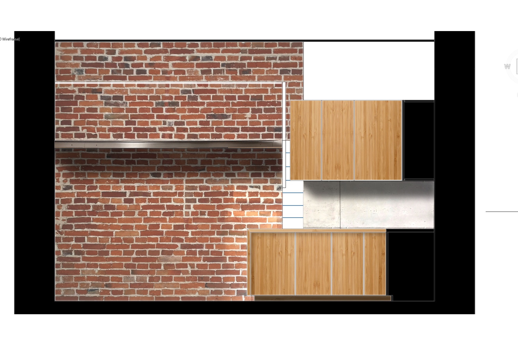 Wizualizacja kuchni z drewnianymi frontami szafek i ceglaną ścianą w tle. Minimalistyczny design, nowoczesne połączenie materiałów i faktur, wyraźna geometria.