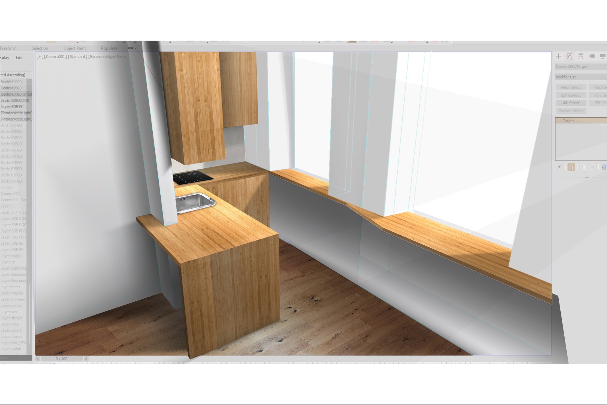Wizualizacja 3D kuchni z drewnianymi blatami i frontami, widok z perspektywy, okno z drewnianym parapetem. Widoczne elementy interfejsu programu graficznego.