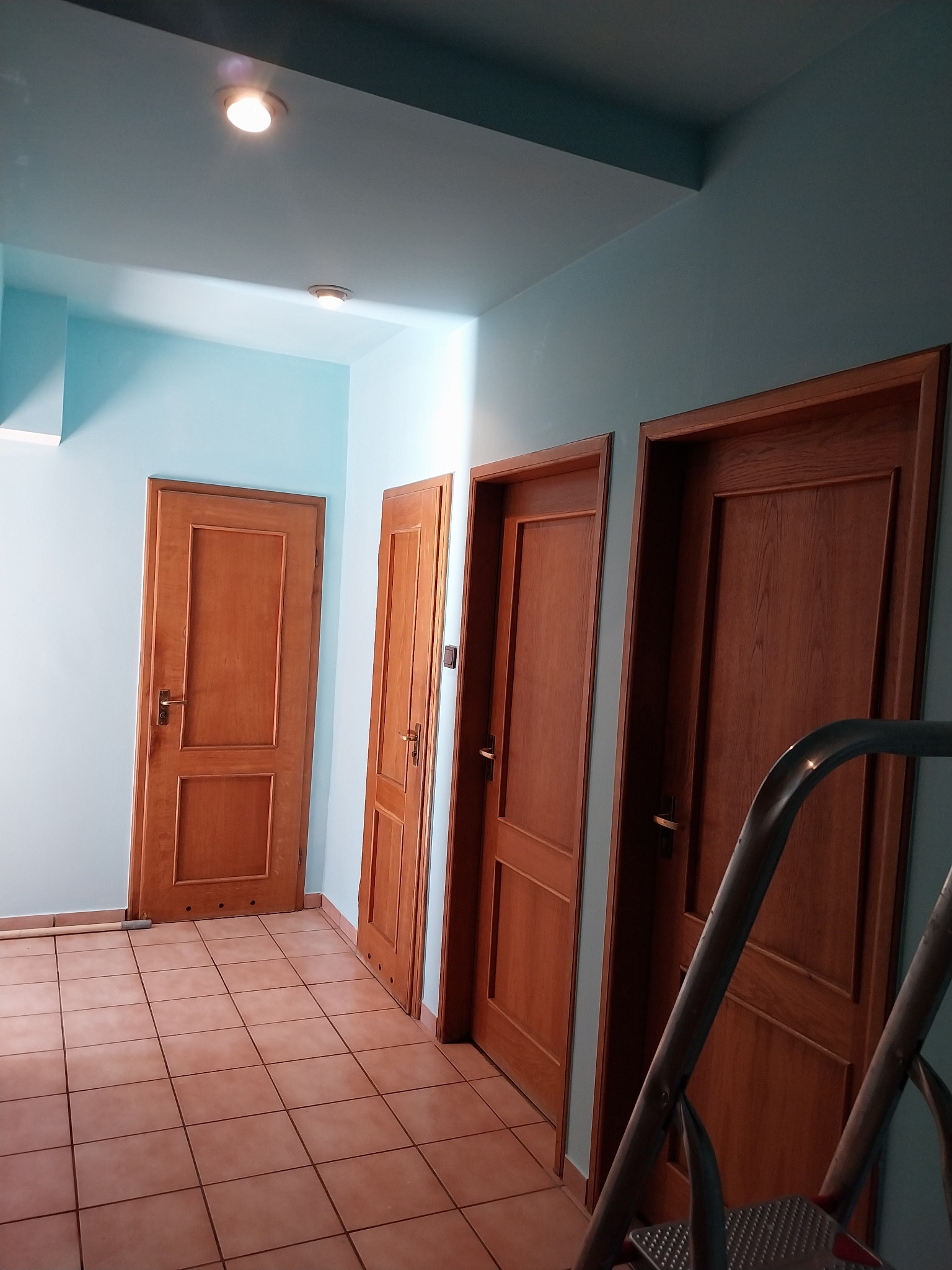 Pomalowany na błękitno korytarz z trzema drewnianymi drzwiami i częściowo widoczną drabiną malarską w prawym dolnym rogu.