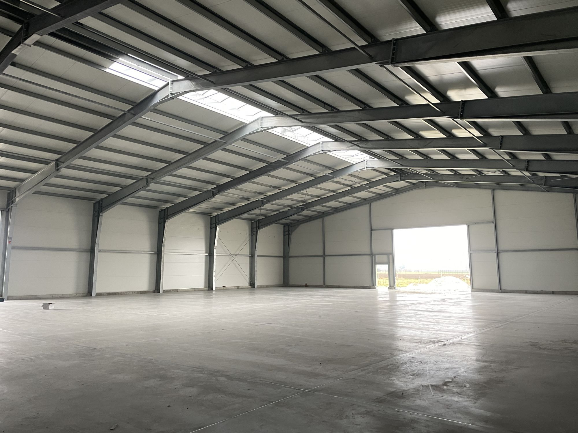 Wnętrze hali z widoczną stalową konstrukcją dachu i ścianami z płyt warstwowych. Na podłodze betonowa wylewka. W dachu świetliki. Otwarty wjazd do hali.