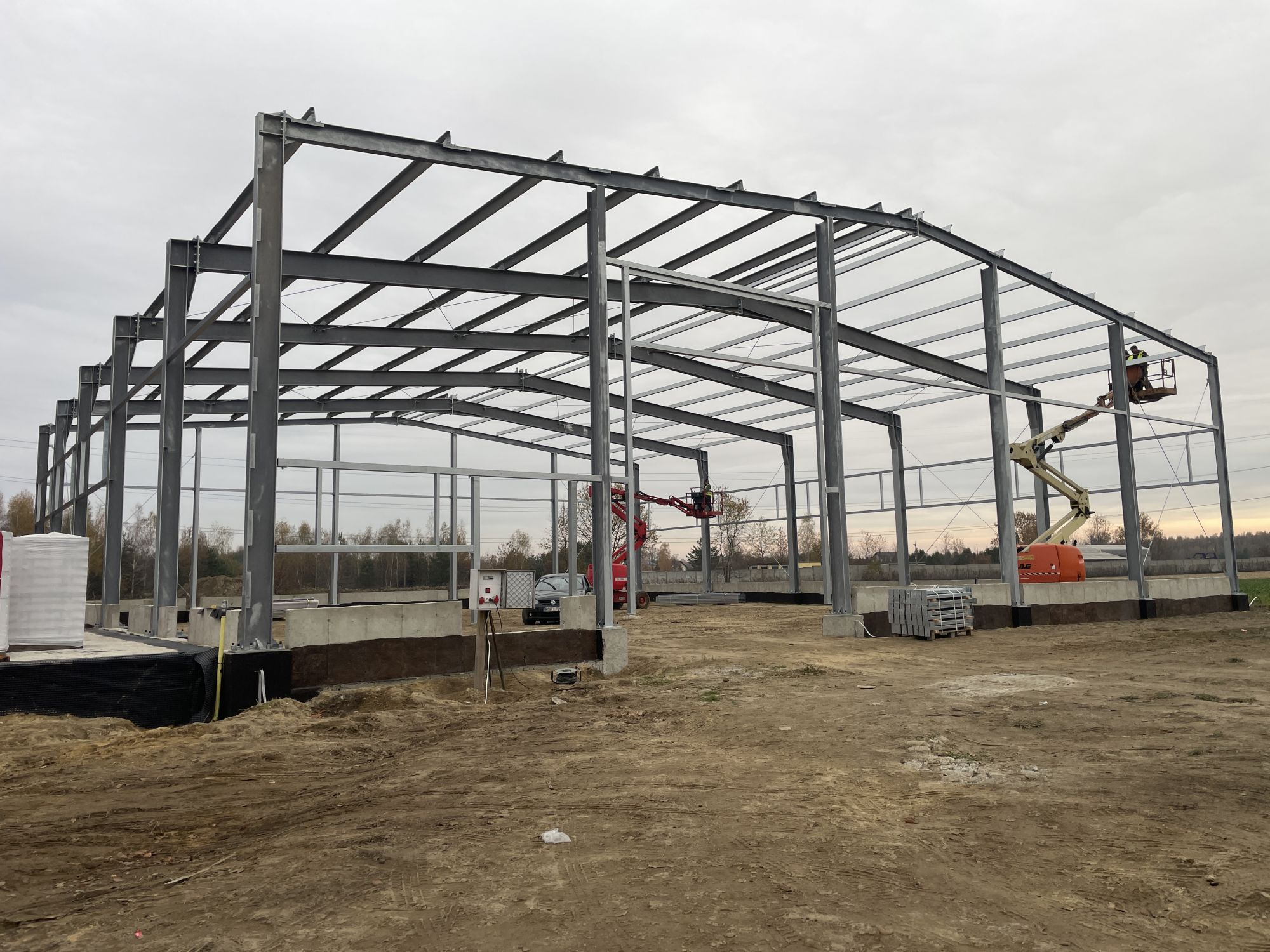 Stalowa konstrukcja hali w trakcie budowy, z widocznymi dźwigami i fundamentami. Montaż szkieletu na tle pochmurnego nieba.