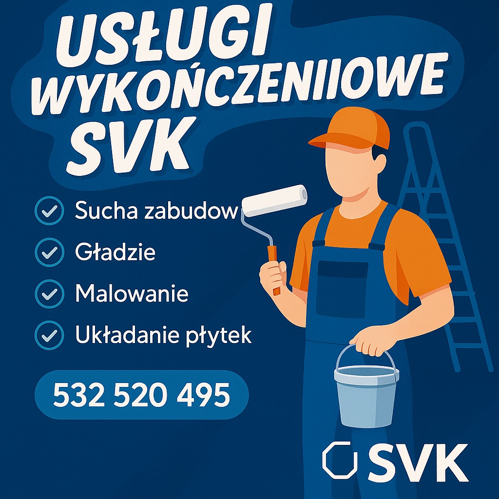 Grafika reklamowa SVK: usługi wykończeniowe, malowanie, gładzie, suche zabudowy i układanie płytek. Postać z wałkiem, wiadro, drabina na granatowym tle.