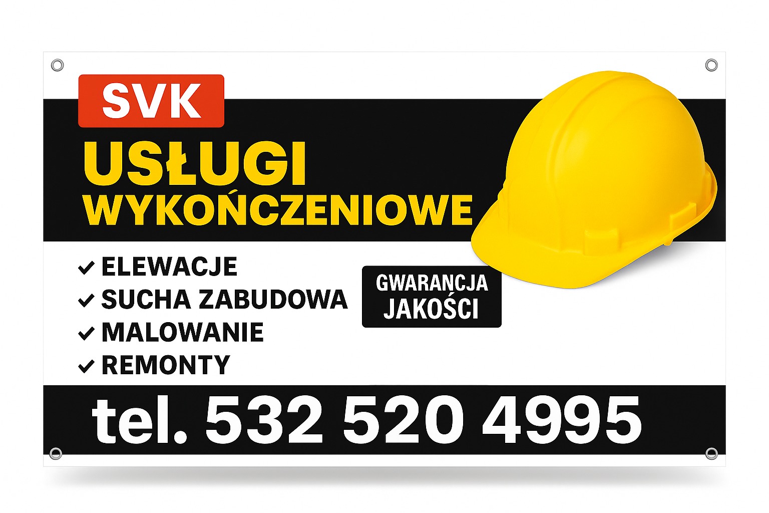 Baner reklamowy usług wykończeniowych SVK z żółtym kaskiem, oferujący elewacje, suchą zabudowę, malowanie i remonty. Gwarancja jakości, numer telefonu.