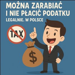 AS SPÓŁKA Z OGRANICZONĄ ODPOWIEDZIALNOŚCIĄ - Grafika: Uśmiechnięty mężczyzna w garniturze z workiem pieniędzy obok znaku zakazu podatków i napisem 'Można zarabiać i nie płacić podatku legalnie. W Polsce'.
