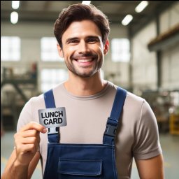 AS SPÓŁKA Z OGRANICZONĄ ODPOWIEDZIALNOŚCIĄ - Uśmiechnięty pracownik w kombinezonie prezentuje kartę lunchową na tle hali produkcyjnej. Dobre samopoczucie i benefity pracownicze w firmie konsultingowej.