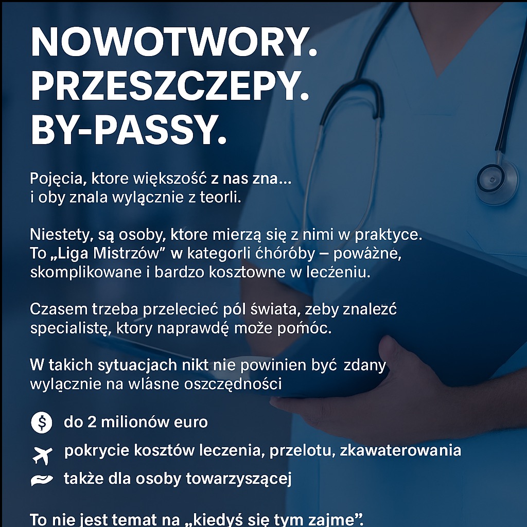 Grafika informacyjna o kosztach leczenia poważnych chorób, z elementami medycznymi, sugerująca potrzebę zabezpieczenia finansowego. Stetoskop i niebieskie tło.