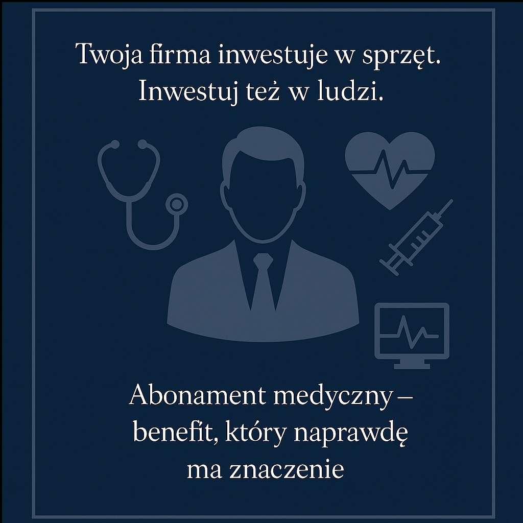 Grafika: Abonent medyczny - inwestycja w ludzi. Sylwetka osoby w garniturze, stetoskop, serce z EKG, strzykawka, monitor EKG na granatowym tle.