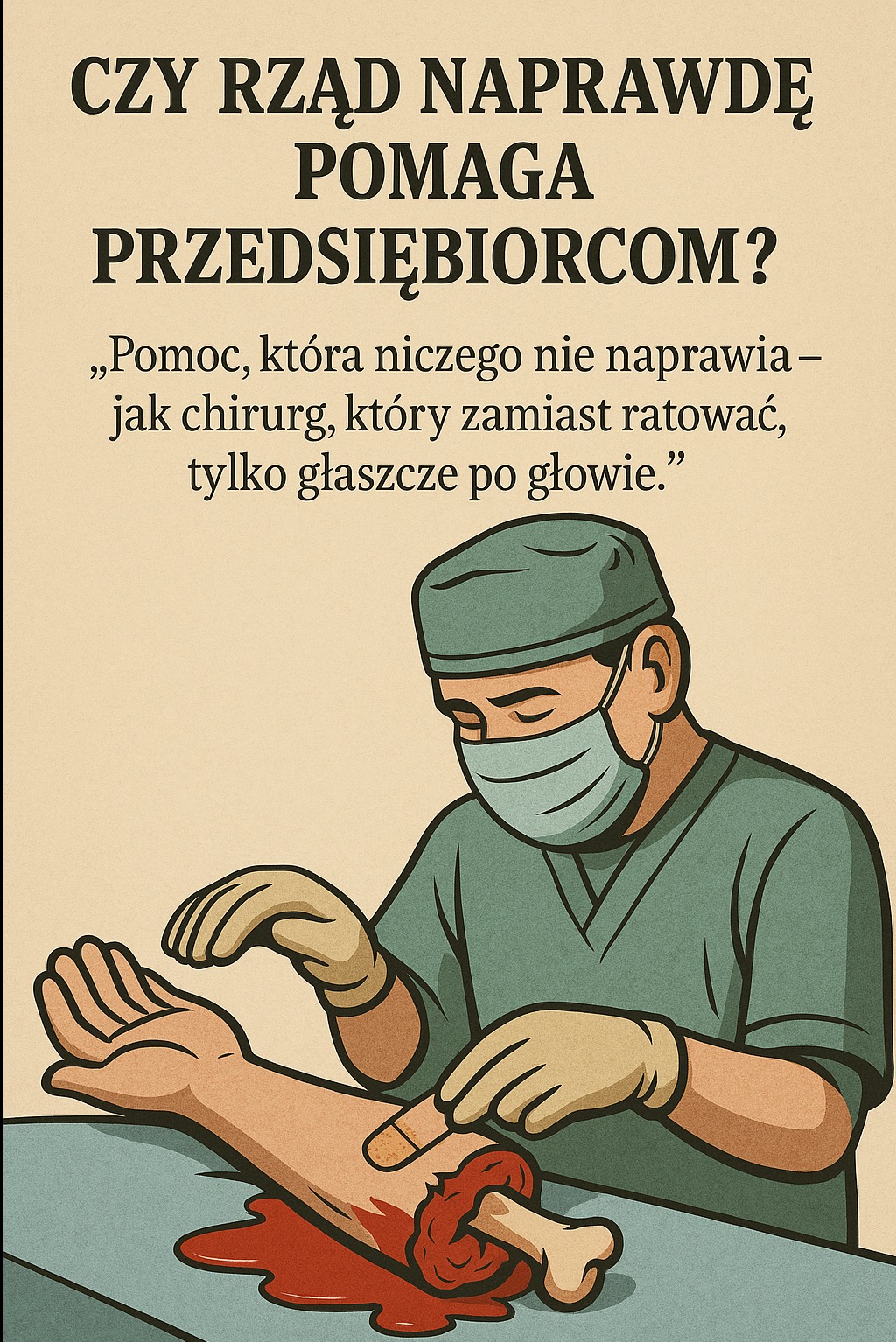 Ilustracja: pytanie o pomoc rządu dla firm. Chirurg zamiast ratować, głaszcze. Metafora nieskutecznej pomocy finansowej dla przedsiębiorców w kryzysie.