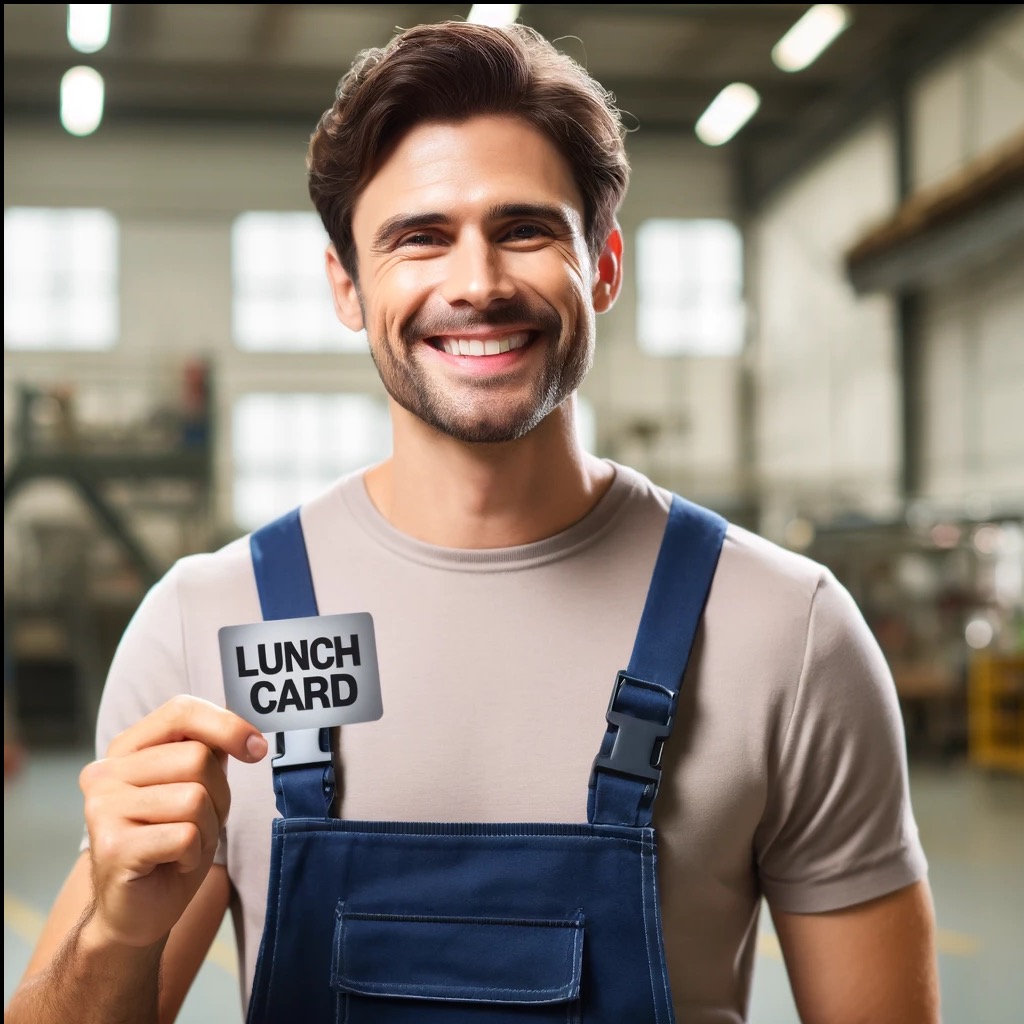 Uśmiechnięty pracownik w kombinezonie prezentuje kartę lunchową na tle hali produkcyjnej. Dobre samopoczucie i benefity pracownicze w firmie konsultingowej.