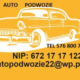 Żółte tło z białym konturem klasycznego samochodu, danymi kontaktowymi i nazwą firmy 'AUTO PODWOZIE'.